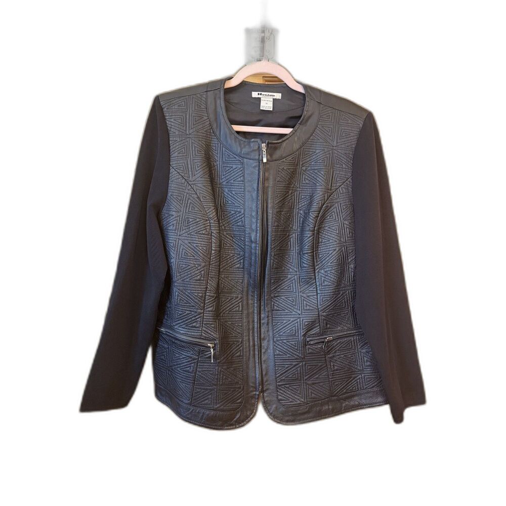 Nygard 1X Black Leather Mixed Media Jacket Geometric Quilted Zip Front